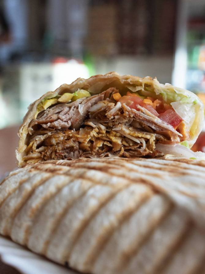 Durum kebab cut in half. Vertical shot